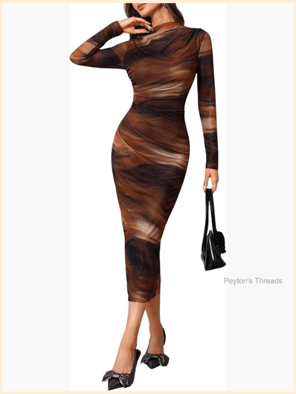 Tie Dye Sheer Mesh Long Sleeve Mock Neck Ruched Bodycon Midi Dress